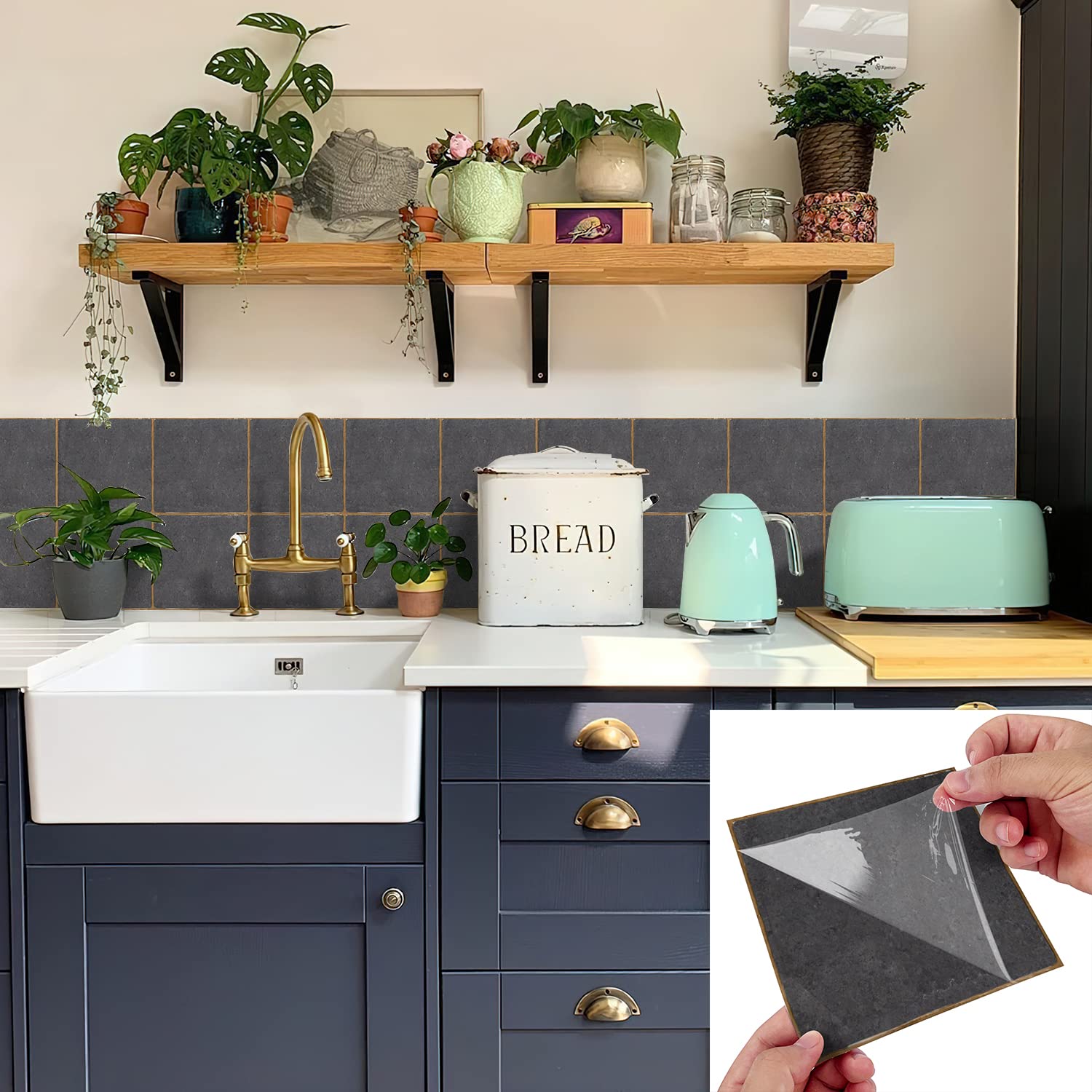 Alwayspon 30Pcs 15cm/6inch Dark Gray Stone Effect Peel & Stick Vinyl Tile Transfer Sticker, 0.6mm Thicken Splashback Fireplace Tile Sticker for Kitchen Bathroom, 027