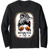Leopard Messy Bun Hair Woman Motorcycle Life Biker Girl Long Sleeve T-Shirt