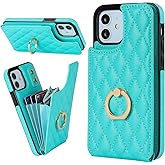 Folosu Compatible with iPhone 12 iPhone 12 Pro Case Wallet with Card Holder, 360°Rotation Finger Ring Holder Kickstand RFID Blocking PU Leather Double Buttons Flip Shockproof 6.1 Inch Green