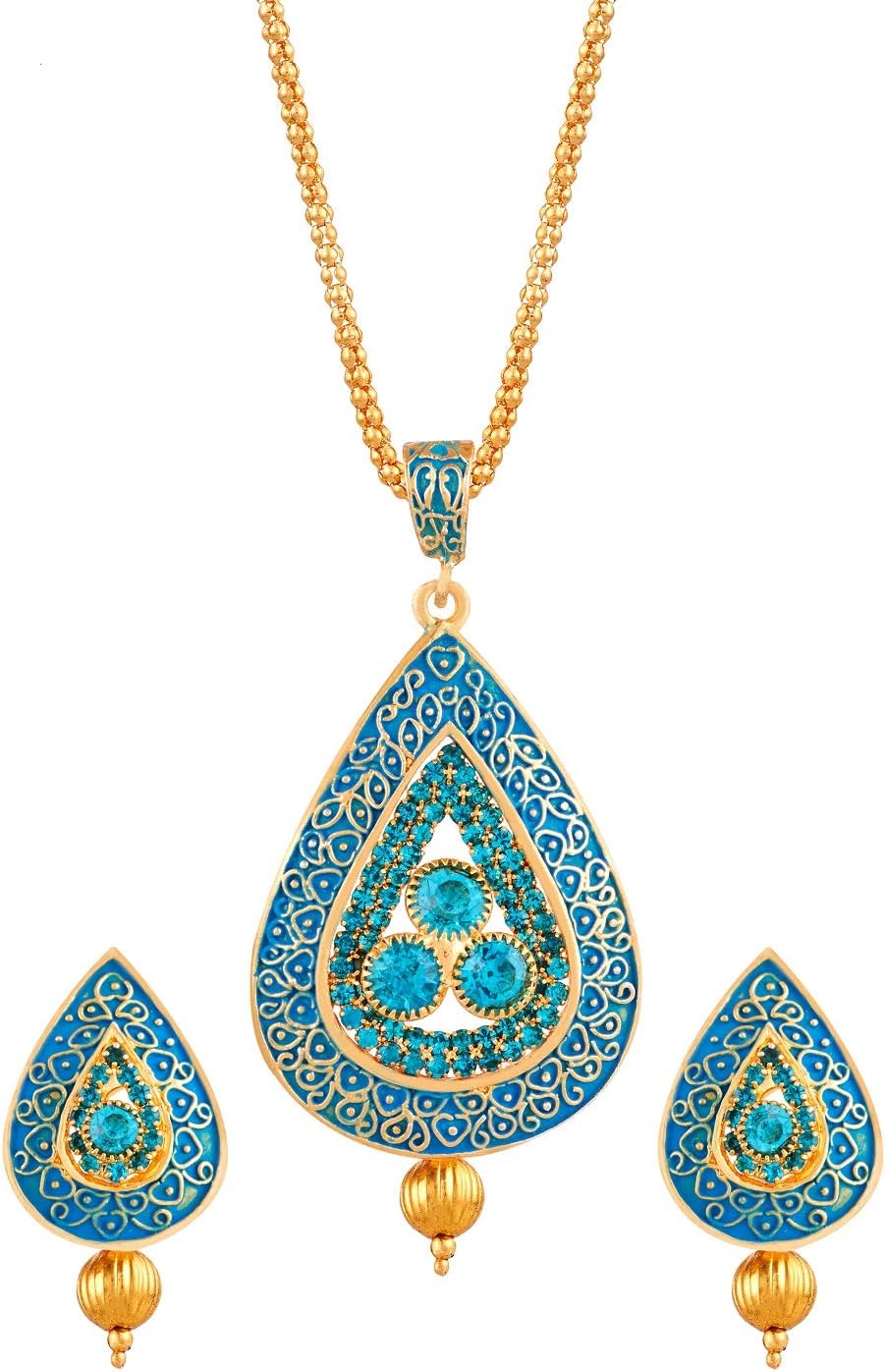 Firozi Blue Meenakari Gold-Plated Ball Chain Pendant Set and Earrings Jewellery for Women