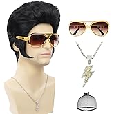 Tereshar 50s 60s Rock Wig + Accessories 5pcs Set Black Mens Rocker Costume Wigs for Singer Star Cosplay Halloween Disco Party or Fun