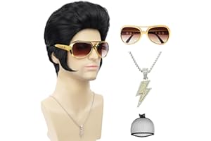Tereshar 50s 60s Rock Wig + Accessories 5pcs Set Black Mens Rocker Costume Wigs for Singer Star Cosplay Halloween Disco Party or Fun
