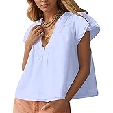 MISSACTIVER Women’s Smocked Short Sleeve Blouse V Neck Pleated Babydoll Tunic Shirts
