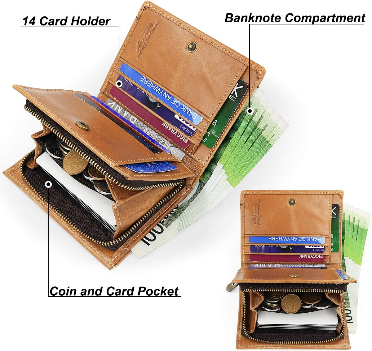 HNOOM Mens Wallet RFID Blocking Genuine Leather Wallet with Chain Bifold Slim Wallets for Men 14 Card Holder and Zipper Coin Pocket - Image 3