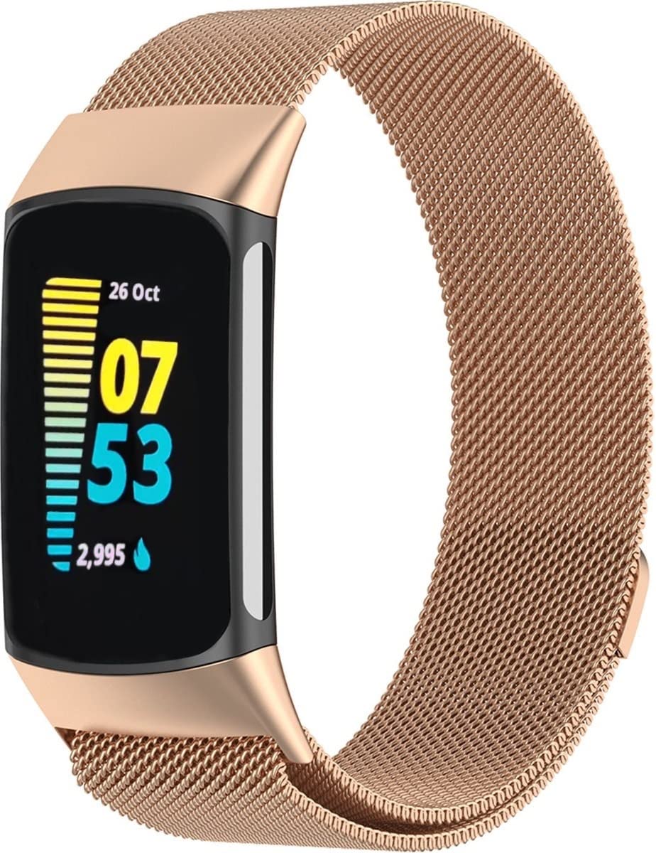 Metal Strap Compatible with Fitbit Charge 6/Fitbit Charge 5 Strap for Men Women - Magnetic Clasp Stainless Steel mesh Loop Adjustable Metal Band Replacement for Charge 6/Charge 5 (Rose Gold)