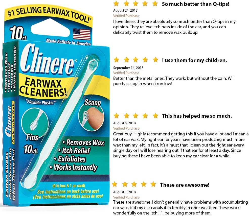 Clinere® Ear Cleaners, 10 Count, (Pack of 3) Earwax Remover Tool Safely and Gently Cleaning Ear Canal at Home, Ear Wax Cleaner Tool, Itch Relief, Ear Wax Buildup, Works Instantly, Earwax Cleaners: Health & Personal Care