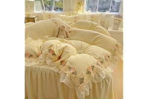 MOOWOO Flower Lace Ruffled Bedding Set- Sweet Girl Chiffon Ruffles Duvet Cover Set- 3PC(1 Full Duvet Cover 80x90 Inch, 2 Pillowcases) Aesthetic Bedding for Romantic French Wedding