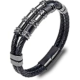 Viskyna Leather Bracelet for Men Multi-Layer Braided Leather Bracelet Stainless Steel Bangle Bracelet Wristband Jewelry Gifts for Men