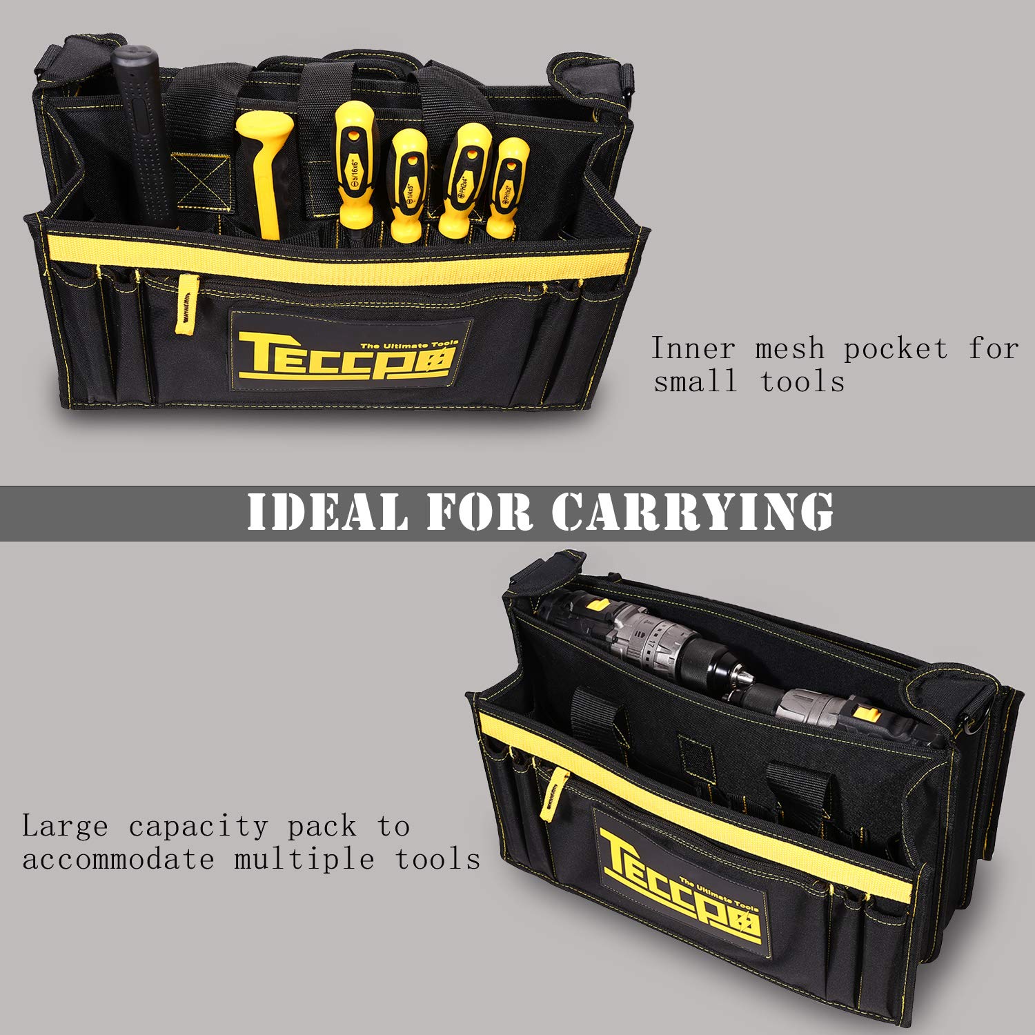 Tool Bag, TECCPO Heavy Duty Bag, 3 Max Extended Space and 9+7 pockets
