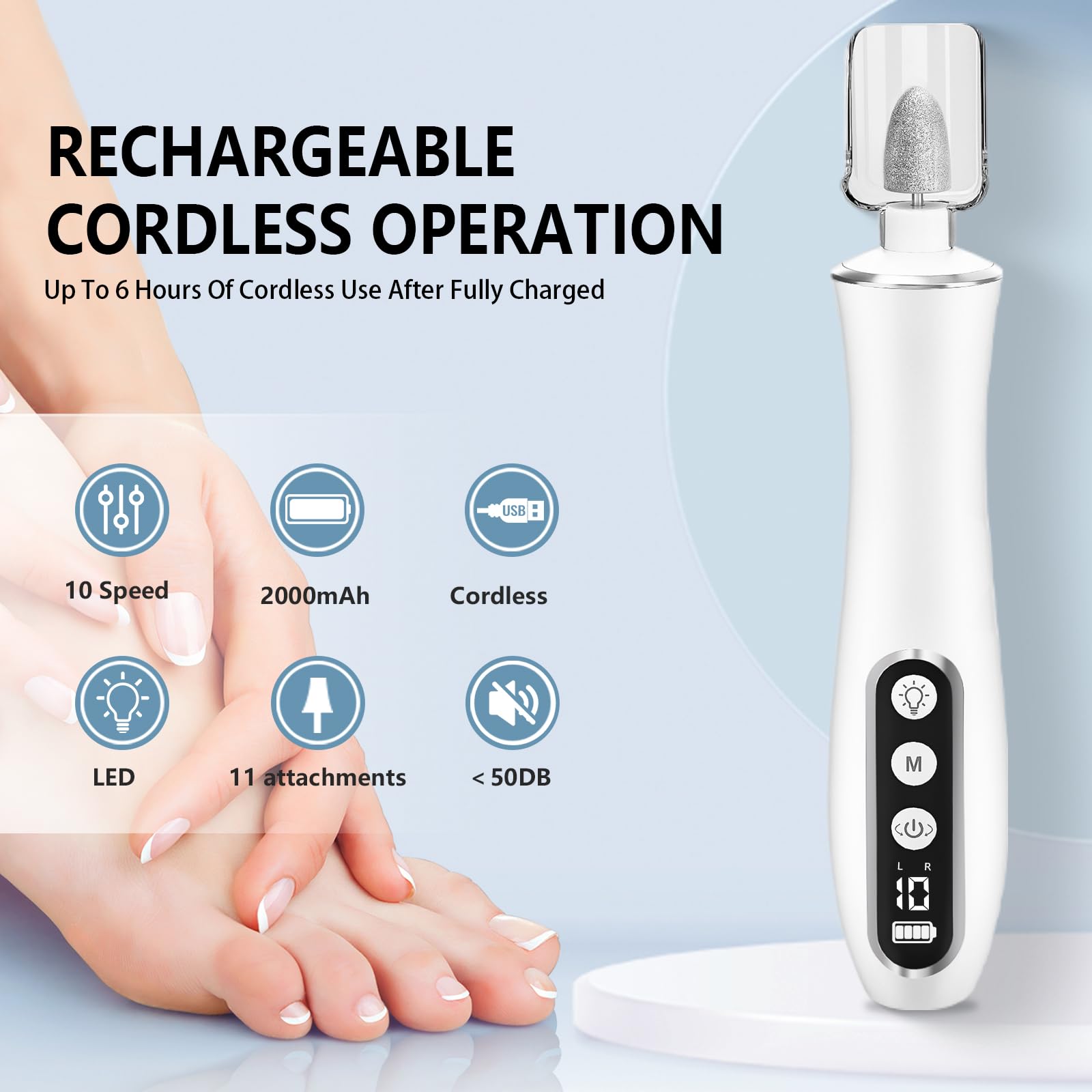 Cordless Nail Drill, Portable 2000 mAh Rechargeable Electric Nail File for Thick Toenails, 10 Speeds Nail Dril Machine Professional Manicure Pedicure Set for Women Hand Foot Natural Nails Care