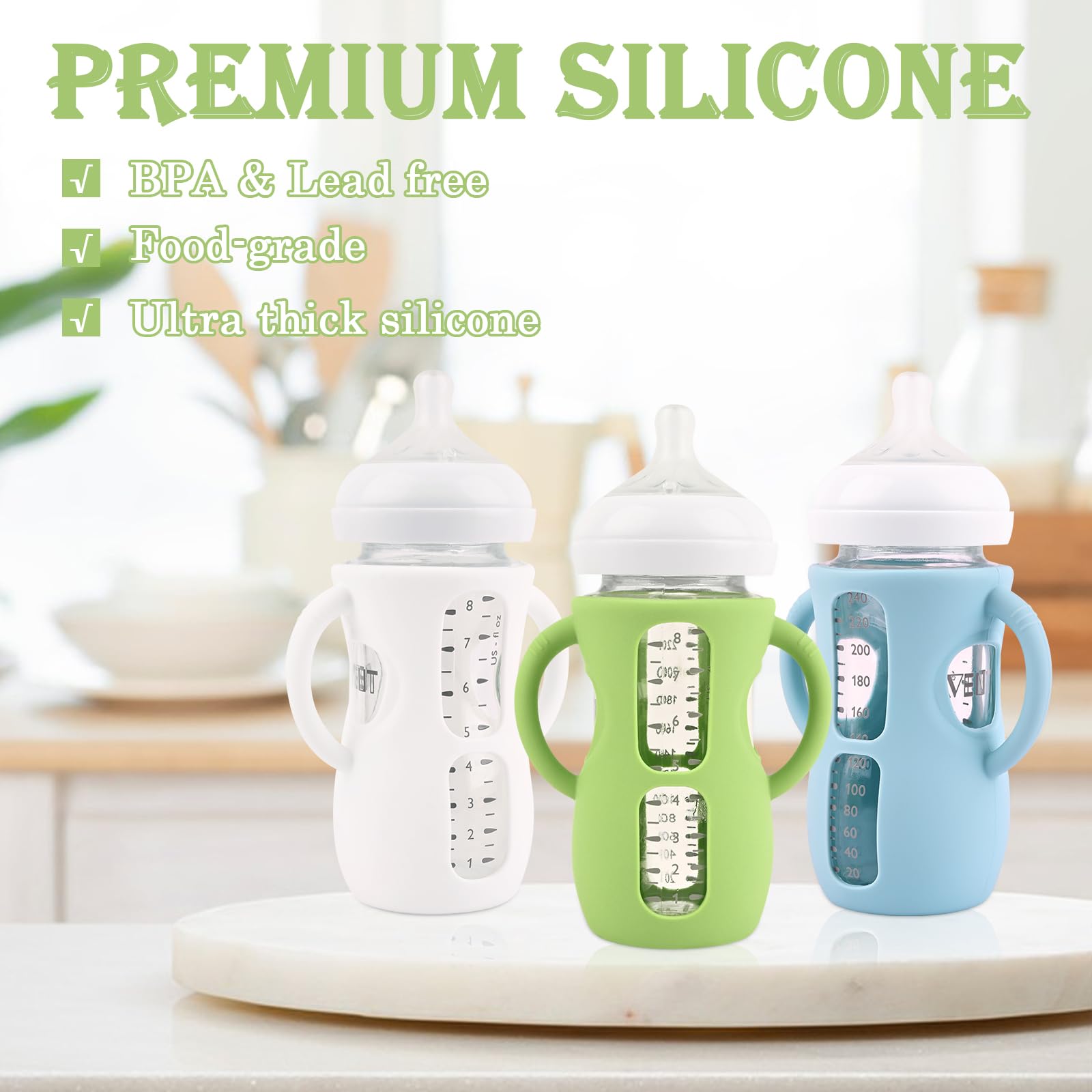 3 Pack Silicone Sleeves for Avent Natural Glass Baby Bottles, Anti Breakage Baby Bottle Holder with Handles, Compatible Philips Avent Glass Natural Baby Bottle 8 oz