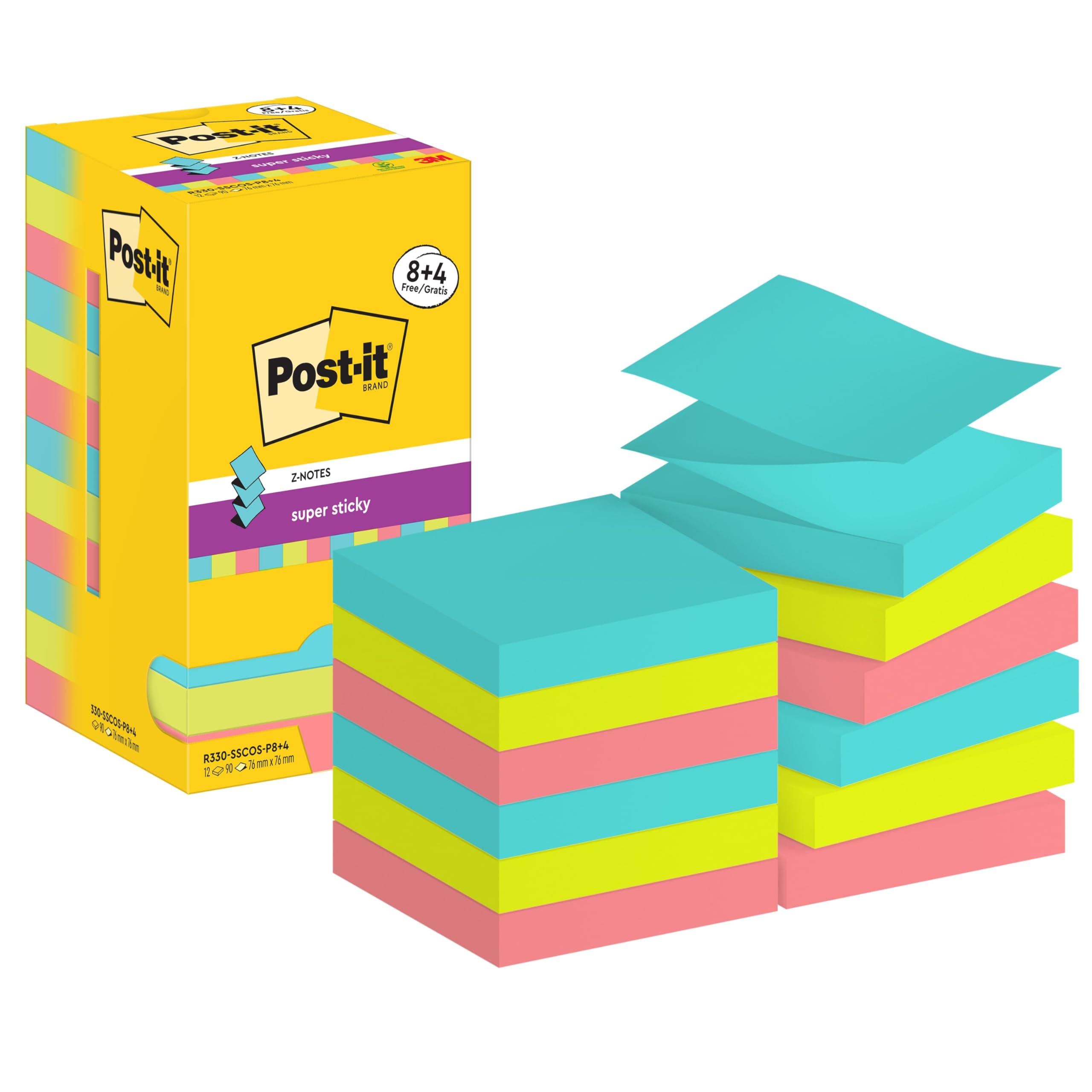 Post-it Z-Notes Cosmic Collection, Pack of 8 + 4 Free Pads, 90 Sheets per Pad, 76 mm x 76 mm - Self-Stick Notes for Note Taking, to Do Lists & Reminders