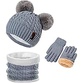 Kids Winter Beanie Scarf Gloves Set with 2 Pompom - Thermal Thick Fleece Lined Hat, Neck Warmer & Mittens for 1-10 Boys Girls
