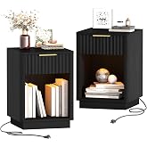 Akxomel Fluted Nightstand Set 2 Bedside Table with Charging Station Black | Wooden Side Table with LED Light, Modern Mid Cent