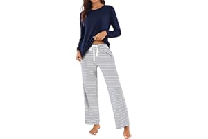 Ekouaer Womens 2 Piece Pajama Set Long Sleeve PJs with Plaid Pants Drawstring Elastic Waist Sleepwear Lounge Set