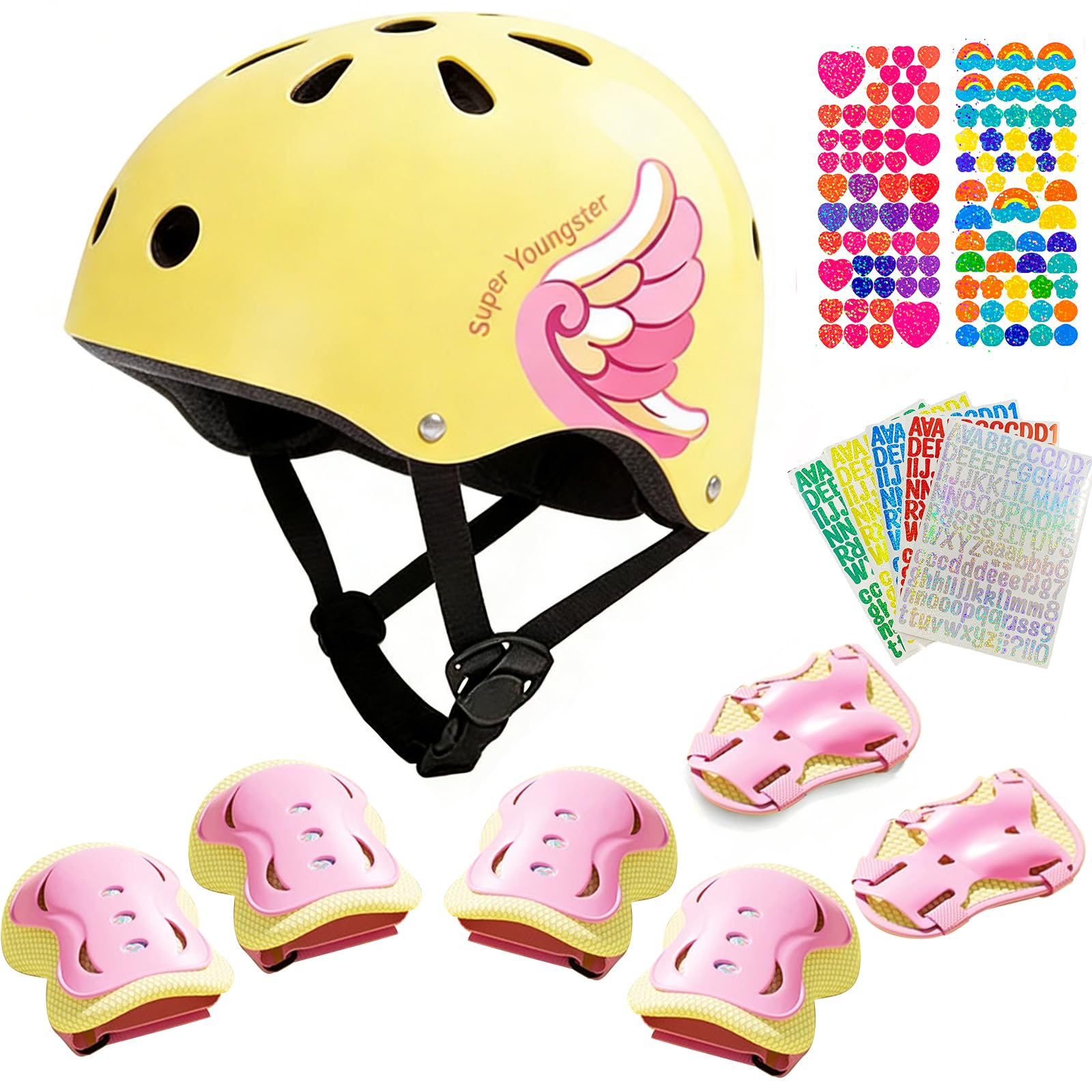 FALUCKYY Kids Bike Helmet,7PCS Unicorn Kids Helmet-Knee & Elbow Pads Wrist Guards,Snow Ski Helmet Skateboard Helmet Scooter Helmet for Cycling Roller Skating(Yellow)