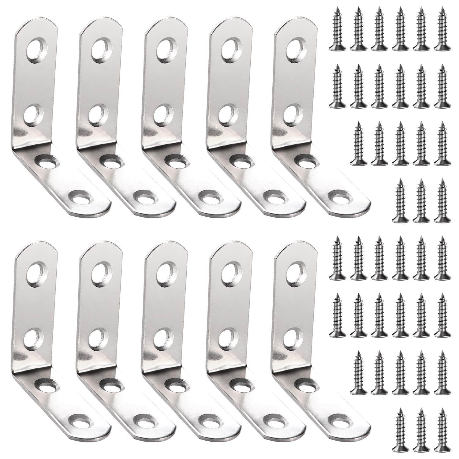 VooGenzek 10 PCS 50x50x16x2 mm L Brackets, Corner Brackets, 90 Degree Right Angle Brackets Fastener, Stainless Steel L Shaped Corner Braces, with 40 PCS Screws, for Furniture Desk Table Shelf