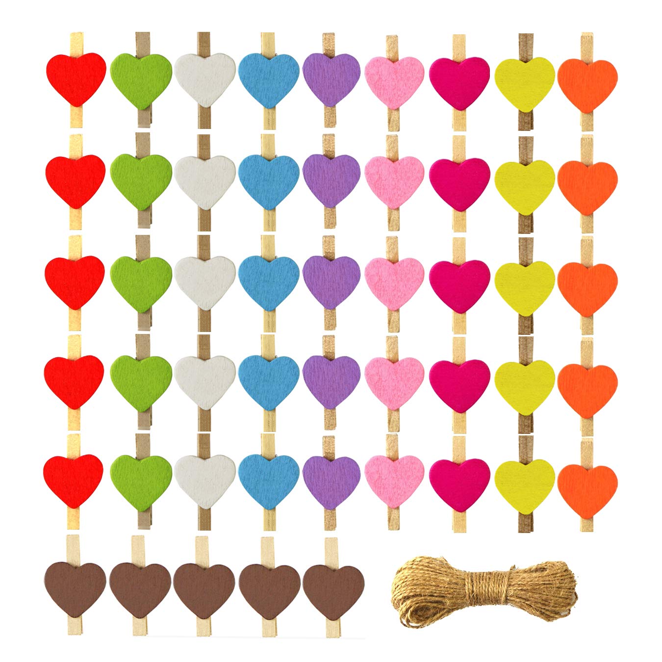 aufodara 50Pcs Wooden Pegs Mini Photo Clips with 10 Meters Jute Twine, Heart Shaped Clothespins Note Clips Photo Wall Pins DIY Decoration for Paper Picture Cards Wedding Party Crafts (Multicolor)
