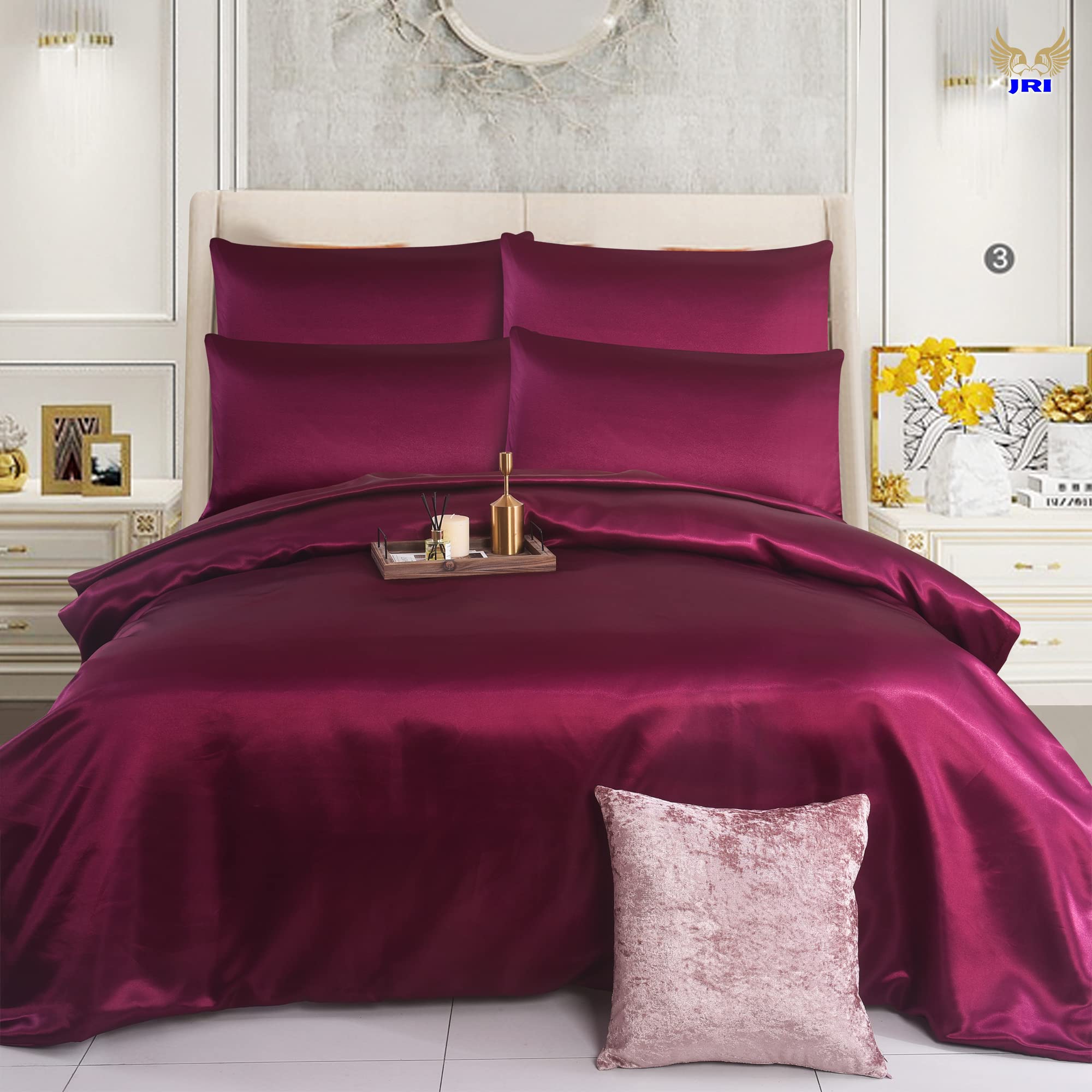 6PCS Satin Duvet Cover Bedding Set Plain Luxury Soft Bed Set Include (1xDuvet Cover, 1xFitted Sheet, 4xHousewife Pillow Case) (King, Burgundy)-(Same Day Dispatch)