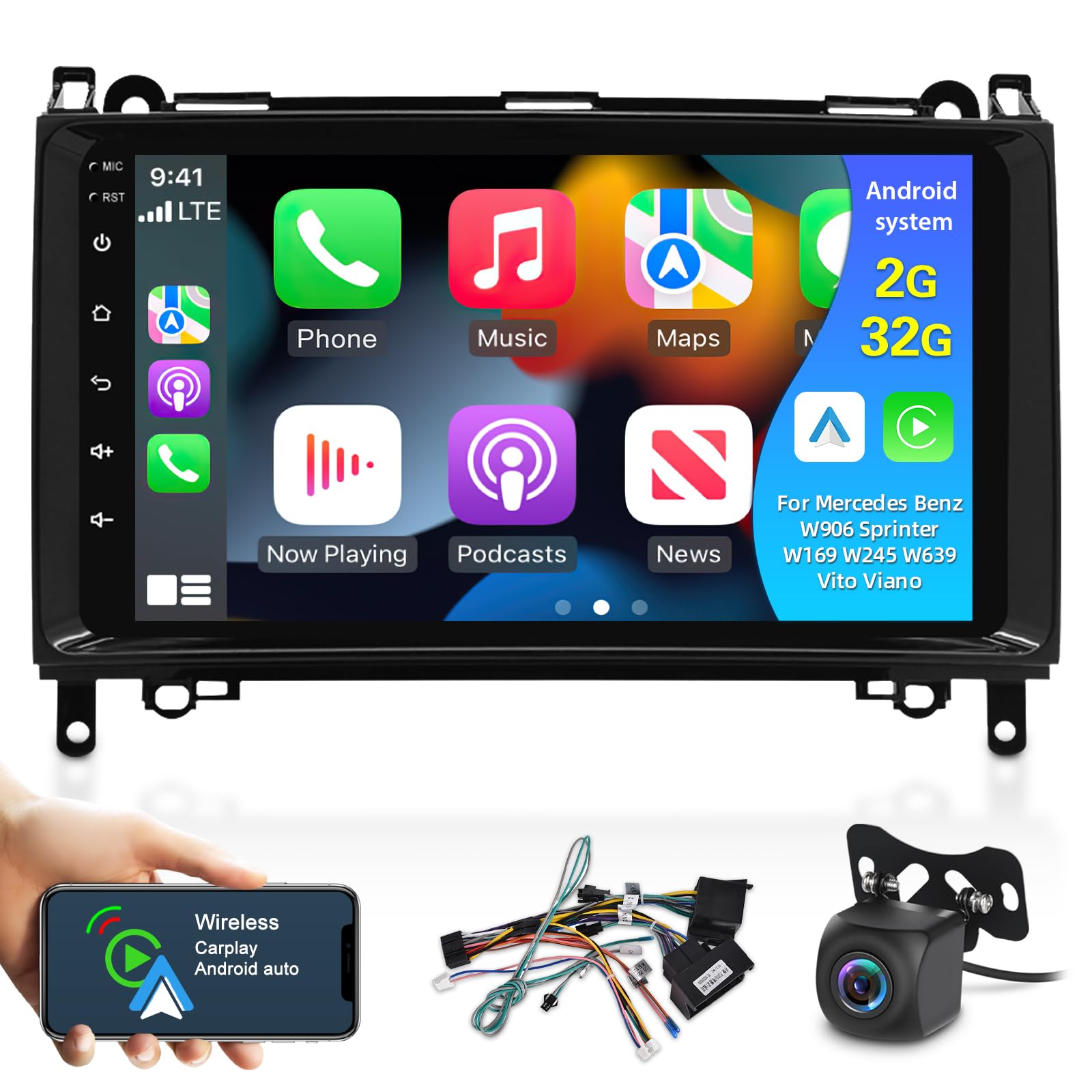 [2G+32G] Android Car Radio for Mercedes Benz W906 Sprinter W169 W245 W639 Vito Viano, 9 inch Touch Screen Stereo, Apple Carplay&Android Auto/Wi-Fi/Bluetooth+AHD Backup Camera+MIC
