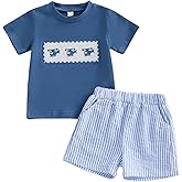 xkwyshop Toddler Baby Boy Summer Outfit Airplane/Boat Smocked Short Sleeve T-Shirt Tops Striped Shorts Set Pilot Clothes
