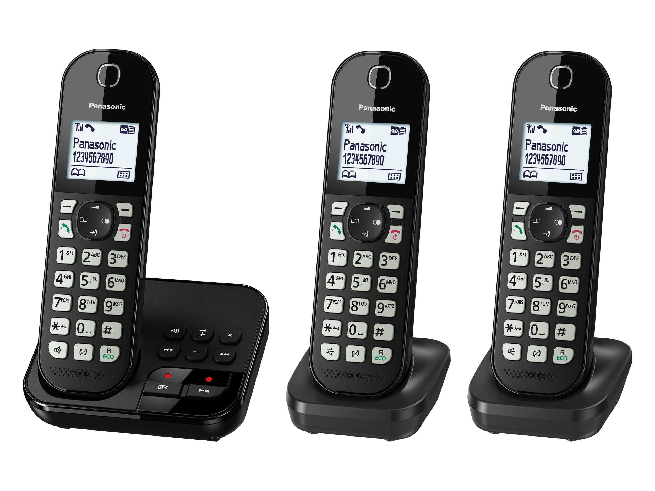 Panasonic KX-TGC463GB Digitales Schnurloses Telefon mit Anrufbeantworter, Basisstation & 3 Mobilteile, LCD-Display, große Tasten, Schwarz