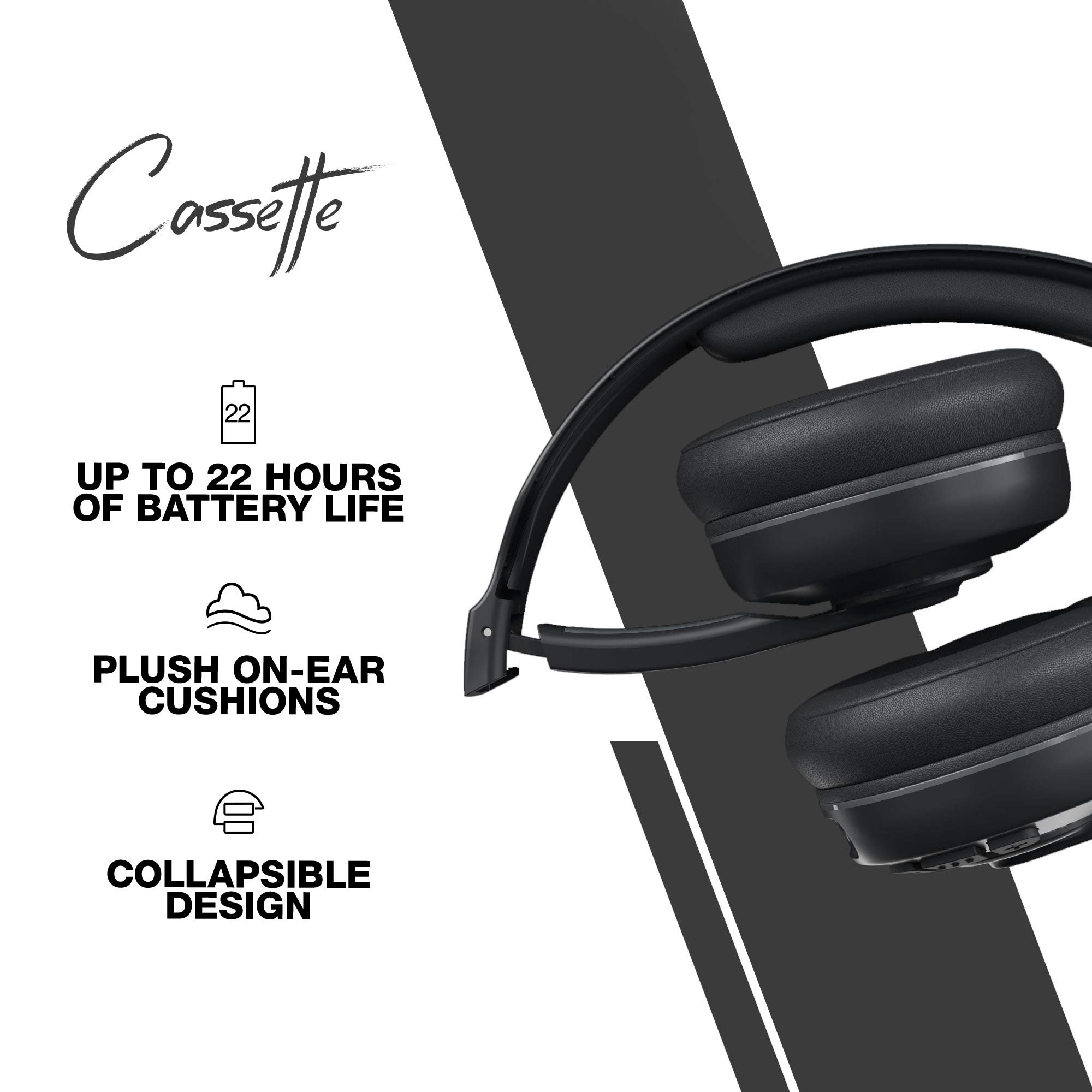 Skullcandy Cassette Wireless On-Ear Headphones, Up to 22 Hours Battery, Foldable Lightweight Design, Backup 3.5mm AUX Cable Included, Microphone for iPhone Android - Black