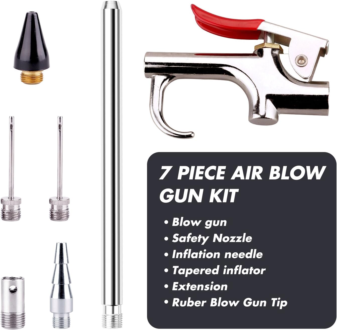 WYNNsky Air Blow Gun Accessory Kit with 5 Interchangeable Nozzles - 7 Pieces Air Compressor Tools Kit - - 