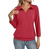 TICTICMISS Womens Polo Shirts 3/4 Sleeve Banded Bottom Tops Business Casual Tops Collared V Neck Blouses