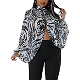 Ophestin Womens Print Sexy Open Back Sheer Chiffon Balloon Sleeve Shirt Blouse Tops Coverup