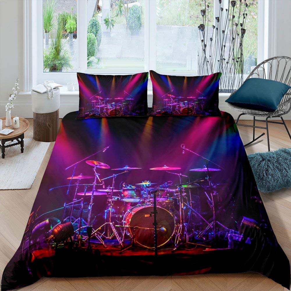 feelingyou Musical Theme Duvet Cover Set (No Comforter) Drum Kit Purple Light Decor Bedding Set for Kids Girls Teens Comforter Cover with Zipper Ties (1 Duvet Cover + 2 Pillow Cases) Double Size