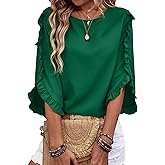 EVALESS 3/4 Length Sleeve Womens Tops Dressy Casual Blouses Crewneck Ruffle Sleeve Shirts Spring Outfits Business Work Tops
