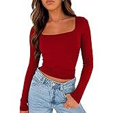 TiulZial Long Sleeve Shirt for Women - Square Neck Going Out Top Double Lined Tight T Shirts