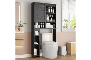 KNOWORLD Over the Toilet Storage Cabinet with Farmhouse Sliding Barn Door, Above Toilet Organizer with Toilet Paper Holder Stand, Behind Toilet Shelf, Space Saver for Restroom, Bathroom, Laundry, Black