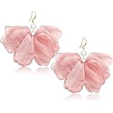 unixmoment Bohemian Big Pearl Fabric Flower Fringe Dangle Drop Earrings Handmade Floral Hook Earrings For Women