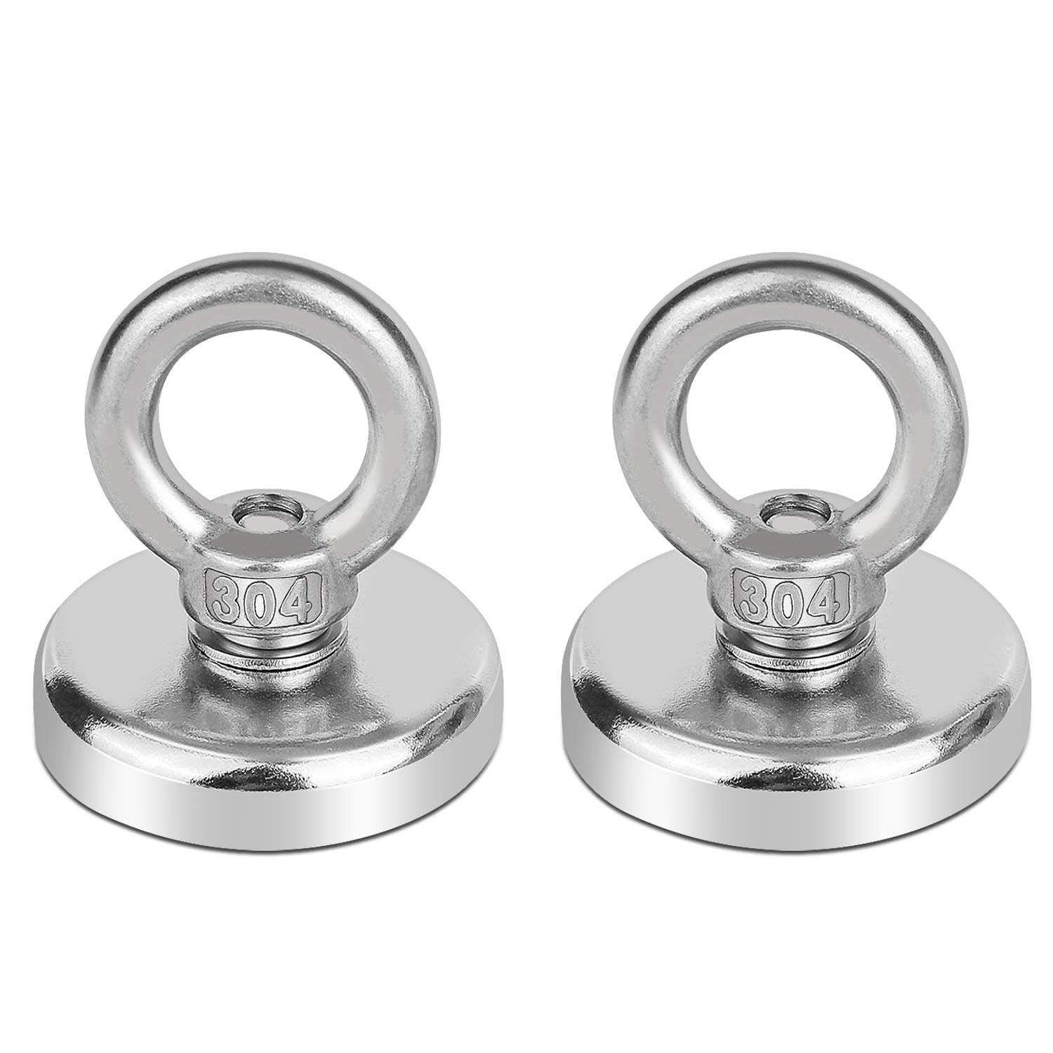 Neodymium Fishing Magnets 2 Pack, 80KG Pulling Force Strong Round Rare Earth Magnet N52 with Countersunk Hole Eyebolt for Magnetic Fishing, River, Salvage, Treasure Hunting, 48mm Diameter