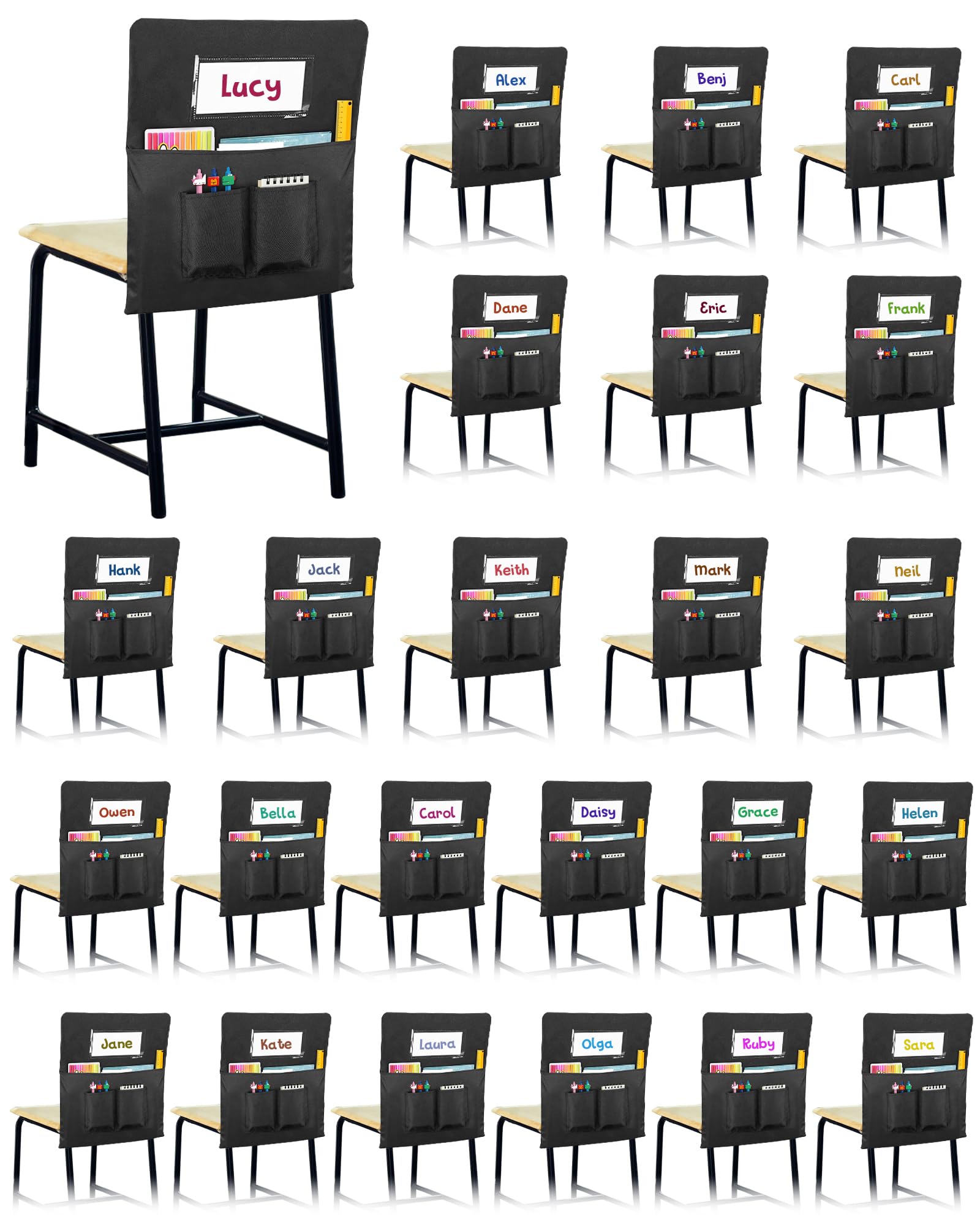 Photo 1 of 24 PCS Chair Pockets for Classroom,20"x17" Large Chair Pockets,Student Chair Pockets k-2, seat Sacks for Classroom Chairs with Name Tag 24,for Classroom School Home Kindergarten Black