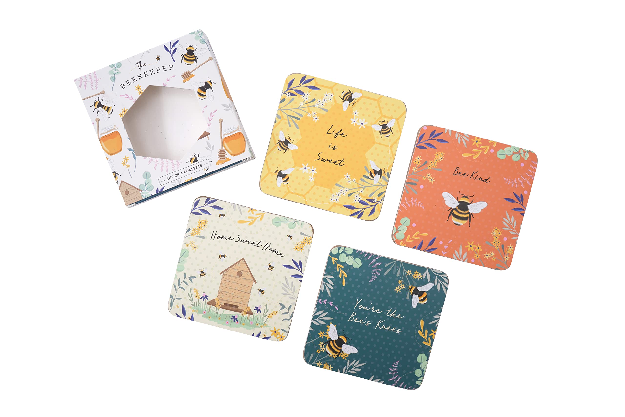 CGB Giftware | Set of 4 Bee Cork Coasters | Multi-coloured | Gift Boxed | Table Top | Tea Coffee Wine | Gift For Home | The Beekeeper | GB06747