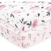 PHF Soft Crib Sheet Fitted, 2 Pack Baby Sheets for Girls, 28x52x9in Fits Standard Crib and Toddler Mattresses, Silky Comfy Breathable Polyester Baby Mattress Sheets, Pink Floral
