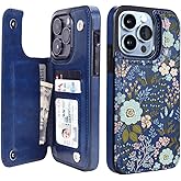 uCOLOR Compatible with iPhone 13 Pro Wallet Case with Card Holder Slots Marble Flip Leather RFID Kickstand Phone Wallet Cover for Women and Girls 6.1“ (Navy Flowers, iPhone 13 Pro 6.1")