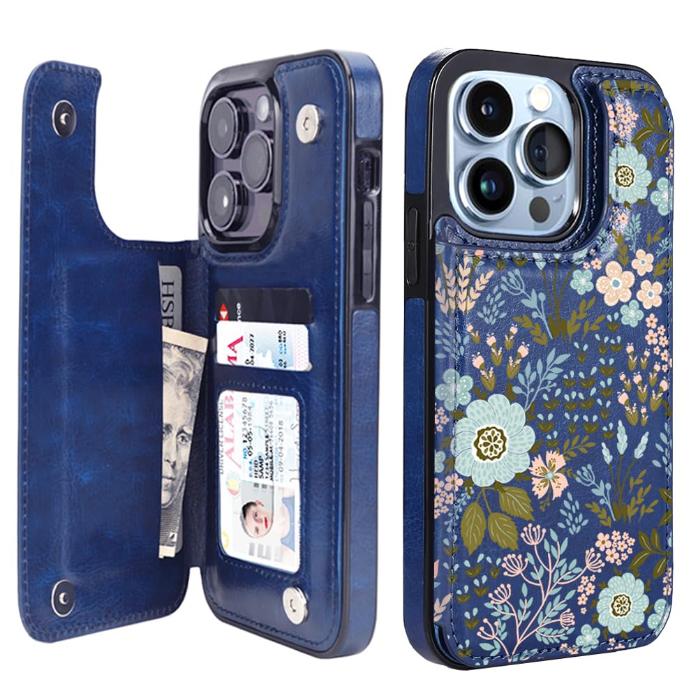 uCOLOR Compatible with iPhone 13 Pro Wallet Case with Card Holder Slots Marble Flip Leather RFID Kickstand Phone Wallet Cover for Women and Girls 6.1“ (Navy Flowers, iPhone 13 Pro 6.1")