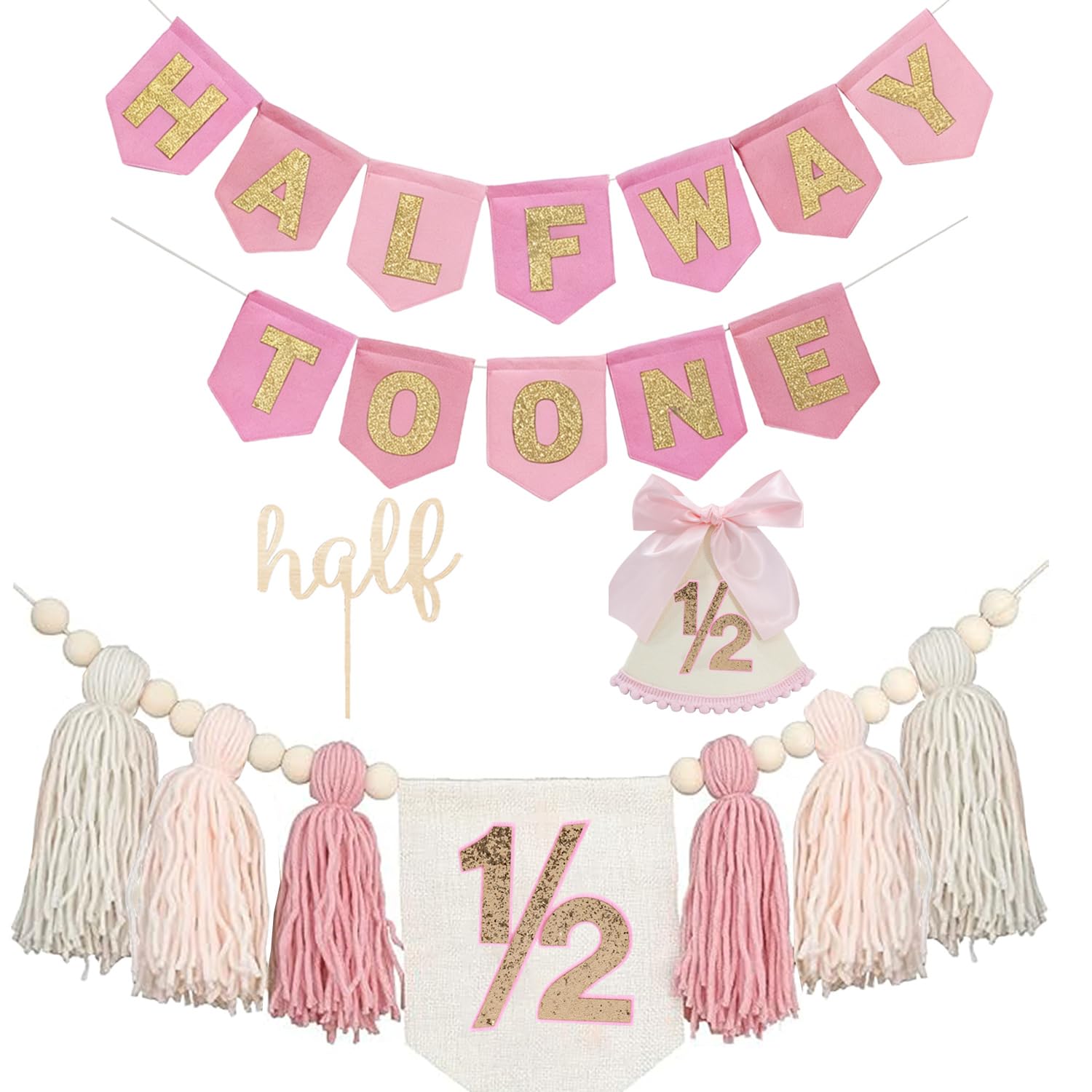 Half Birthday Decorations For Girls - Half Way To One Decorations With 6 Months Birthday Banner 1/2 Birthday Girl Highchair Banner Cake Topper & Party Hat 6 Months Birthday Decorations