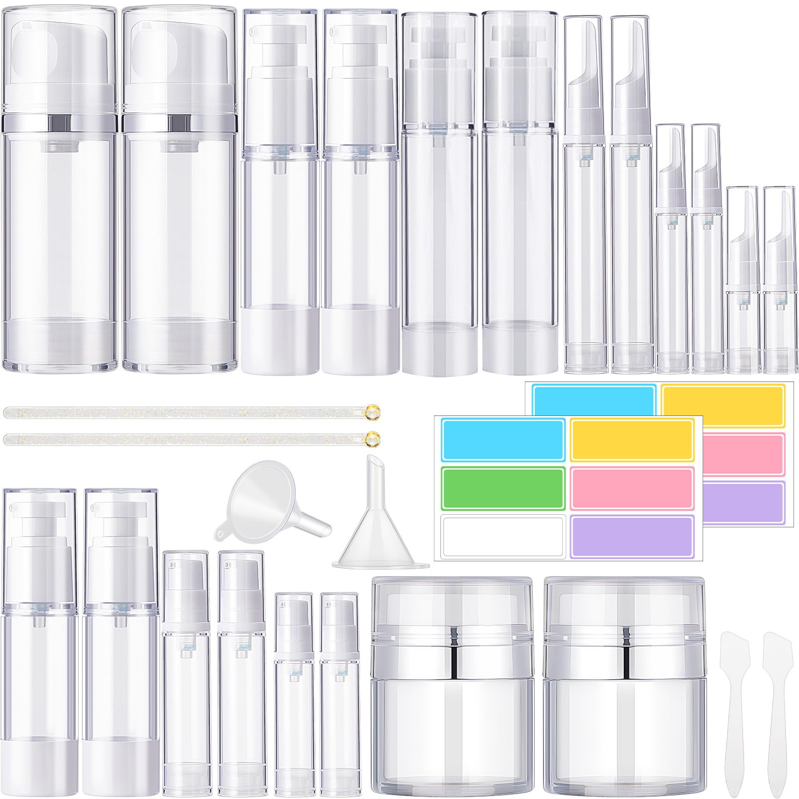 Photo 1 of Meanplan 32 Pack Airless Pump Jars Set 3.4/1.7/1/0.34oz Refillable Travel Cosmetic Container Mini Leak Proof Atomizer Spray Bottle Skincare Dispenser for Toiletry, Cream Lotion, Foundation, Shampoo