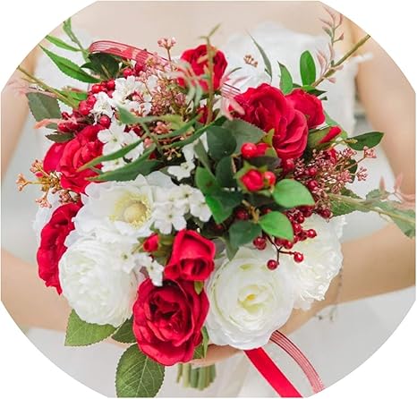 Amazon Com White Bridal Bouquet Red Rose Artificial Silk Flower Handmade Ribbon Bridesmaid Wedding Bouquet Kitchen Dining