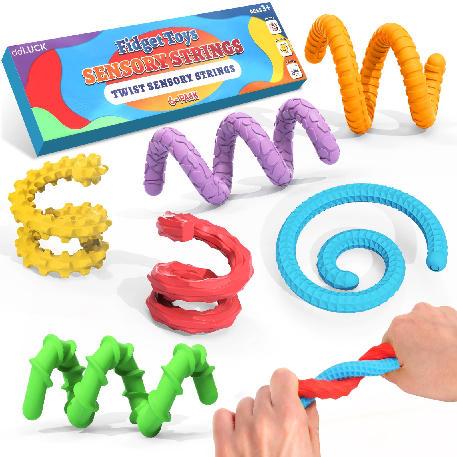 ddLUCK Silicone Fidget Toys Sensory Sticks, Textured Sensory Calming Toys with ADHD, Autism Toy for Anxiety Stress Relief, Travel Fidgets Strings Set for Kids 3+ & Adults (6 Pack)