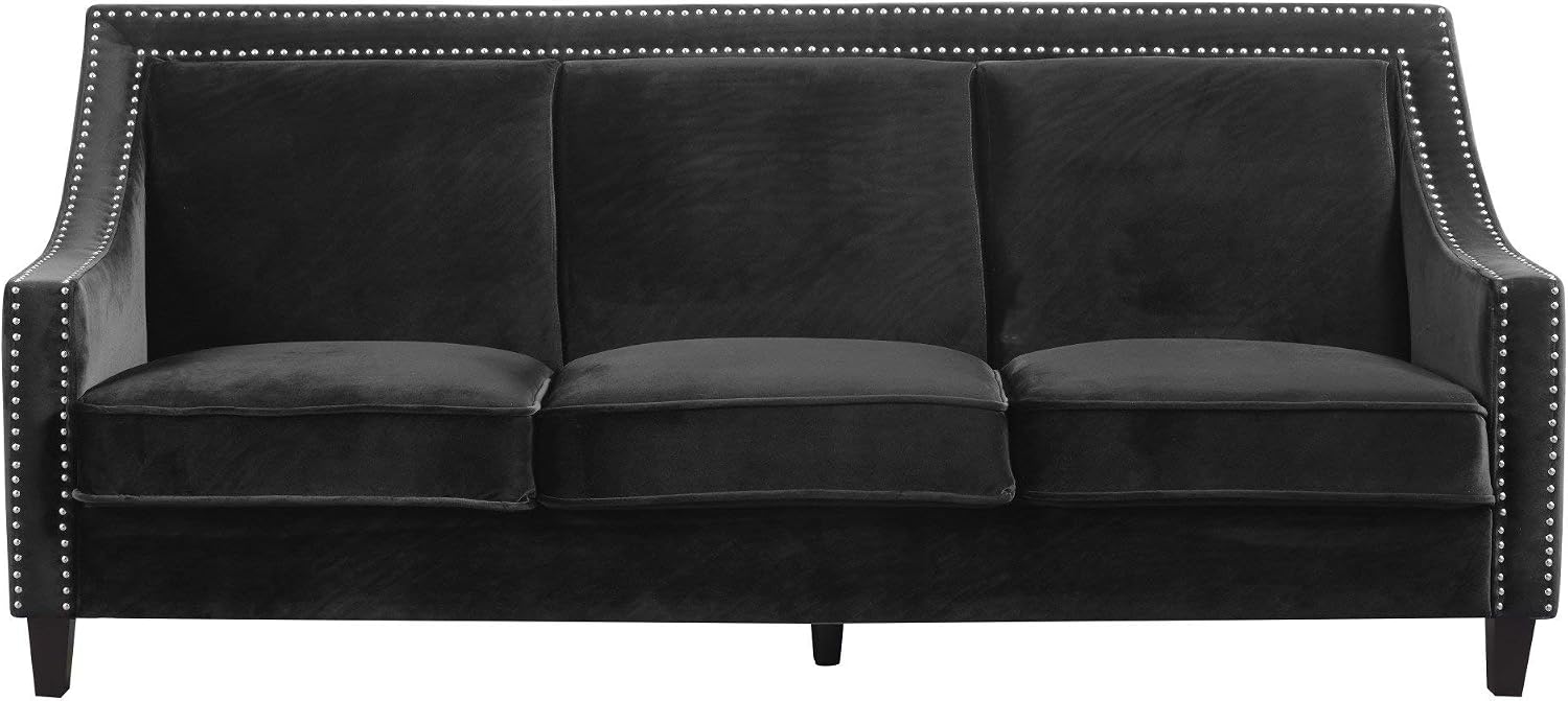 Amazon Com Iconic Home Camren Sofa Velvet Upholstered Swoop Arm Silver Nailhead Trim Espresso Finished Wood Legs Couch Modern Contemporary Black Home Kitchen