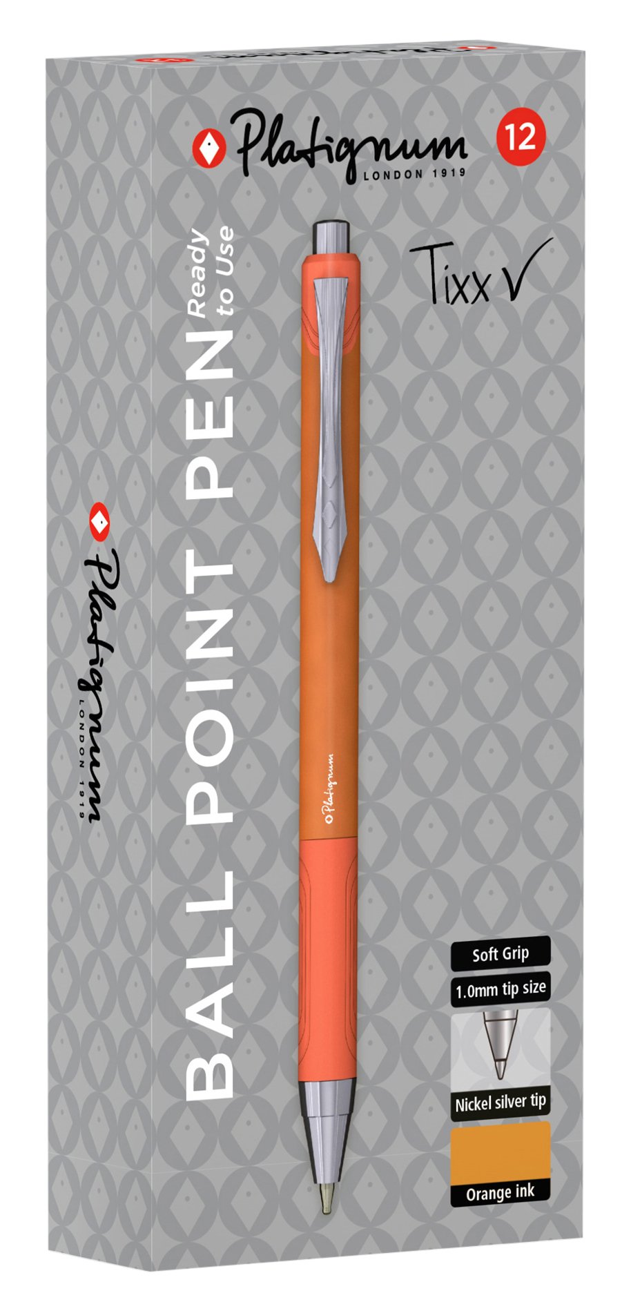 Platignum Tixx Orange Ballpoint Pen [Pack of 12] Soft Grip Barrel with Hybrid Gel Ink for Smudge-Free and Ultra-Smooth Writing [50493]