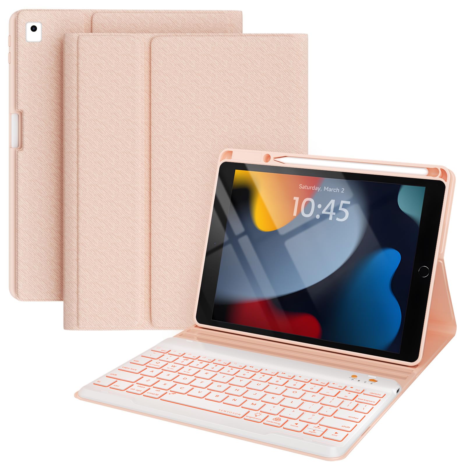 Photo 1 of Keyboard and Case for iPad 7th/8th/9th Generation 10.2-inch 2018/2020/2021, iPad Air 3 2019, 2017 iPad Pro 10.5-inch Case with Pencil Holder, Detachable Wireless BT Keyboard, Tablet Smart Cover(Pink)