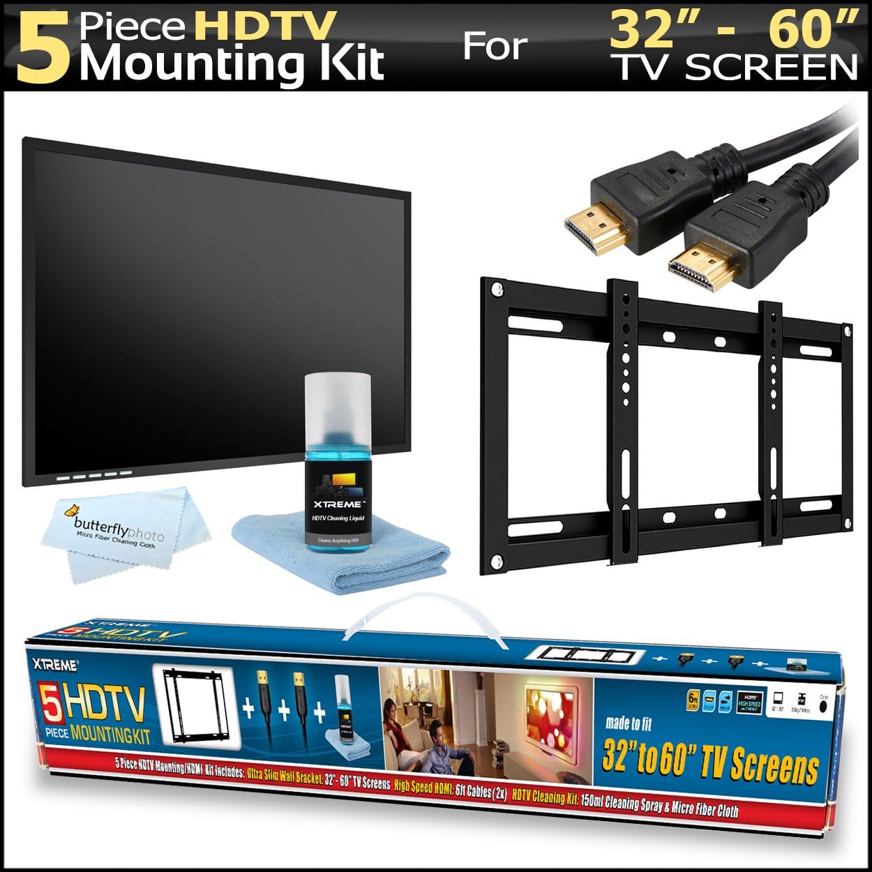 Flat Screen Fixed TV Wall Mount Bracket Bundle Kit For Samsung for 32-60-Inch Plasma LED LCD TV Includes Ultra Slim Flush Super Low Profile (1 inch from TV to Wall) + 2 6ft High Speed HDMI Cables + HDTV Cleaning Kit