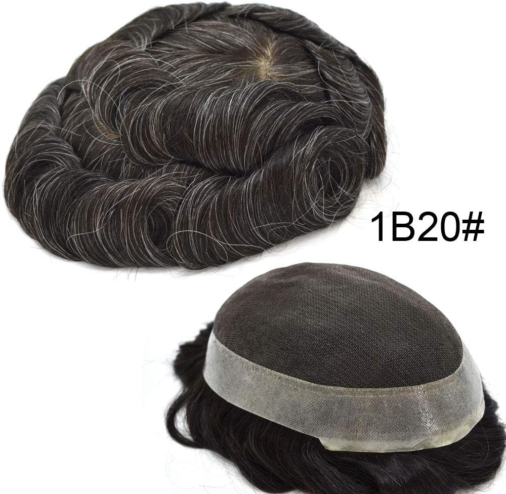 LHC USA Mens Toupee 100% Human Hair Super Fine Real French Lace with Transparent Thin Skin PU Hair Replacement Poly System Breathable Hairpiece Wigs(10X8, 1B20#/Off Black+20% Gray)